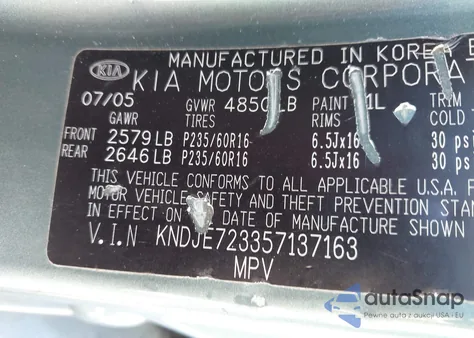 2005 Kia Sportage Ex V6/Lx V6 из США, поврежденный, VIN KNDJE723357137163